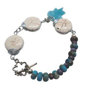 Handmade Gemstone Bead Bracelet Wrapped Howlite Turquoise Carved Leaf Charm